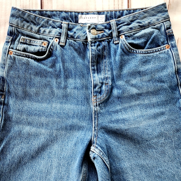 Topshop "Mom" Distressed Hem High Rise Straight Leg Blue Jeans | Women's Size 28 - Picture 7 of 14